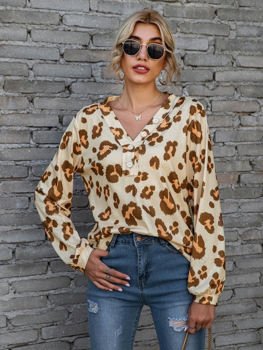 Button-Front V-Neck Leopard Print Blouse in Cream and Brown - Picture 2 of 5